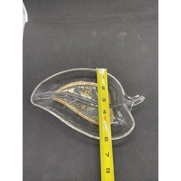 Vintage Georges Briard leaf Shaped Glass Relish Dish With Gold Designs MCM - Picture 9 of 12